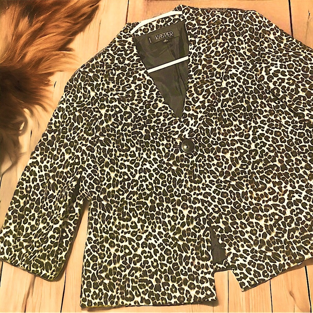 KASPER Casual Leopard Print 3/4 Length Sleeve Cropped Blazer
